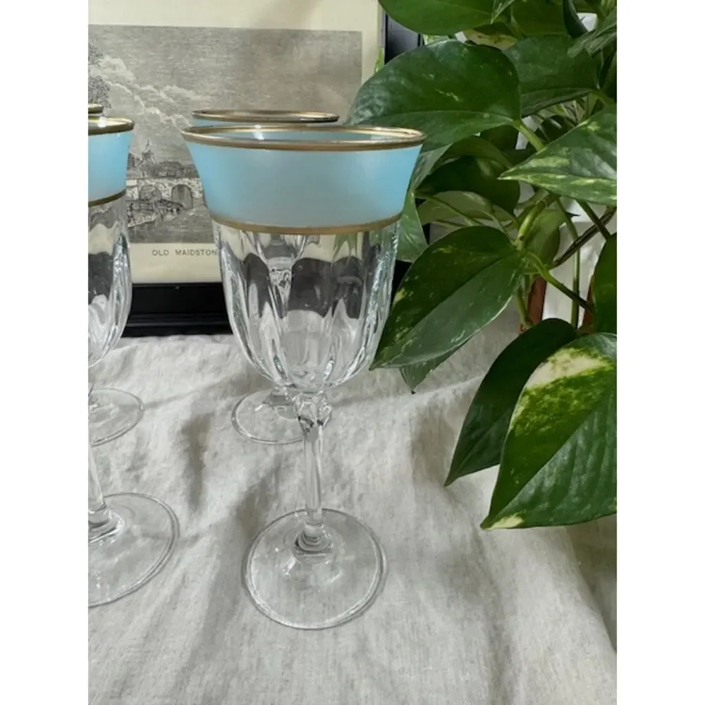 Vintage Frosted Teal Blue & Gold Rimmed Wine Glass Set of 4
